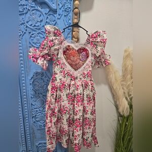 Vintage Pink and Red Ruffled Midi Dress for Wedding Guest